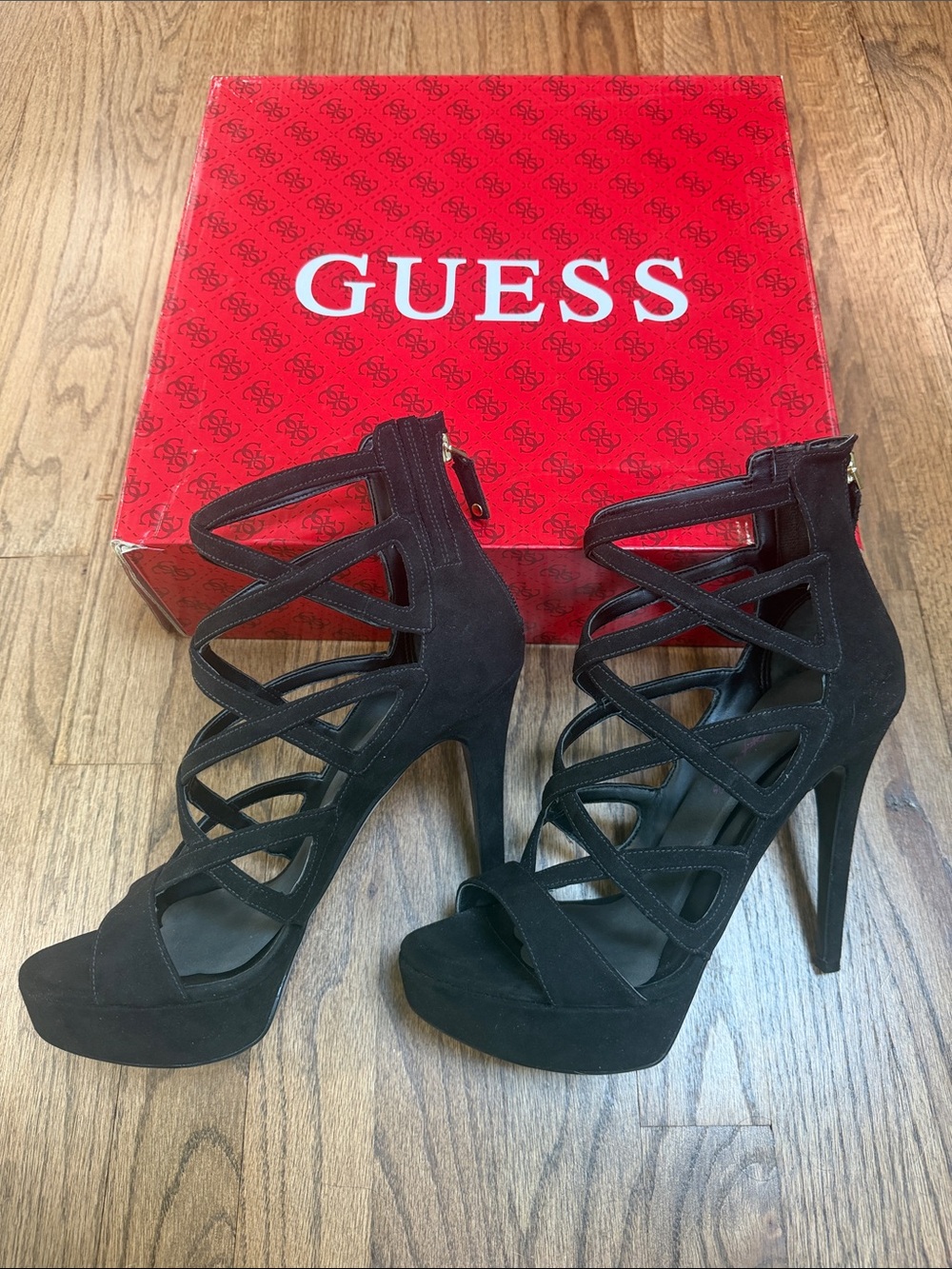 Guess Black Suede Crisscross High Heel Sandals